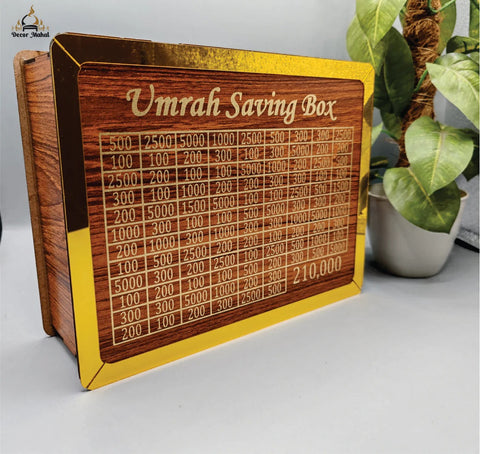 Umrah Saving Box - Wooden Islamic Money Saving Box - 280 Days Hajj & Umrah Savings Box Plan - Daily Halal Pilgrimage Fund Jar - Muslim Gift Idea - Step Closer to Umrah Every Day