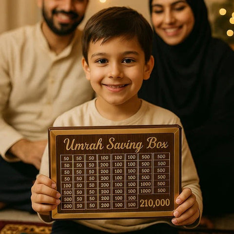 Umrah Saving Box - Wooden Islamic Money Saving Box - 280 Days Hajj & Umrah Savings Box Plan - Daily Halal Pilgrimage Fund Jar - Muslim Gift Idea - Step Closer to Umrah Every Day