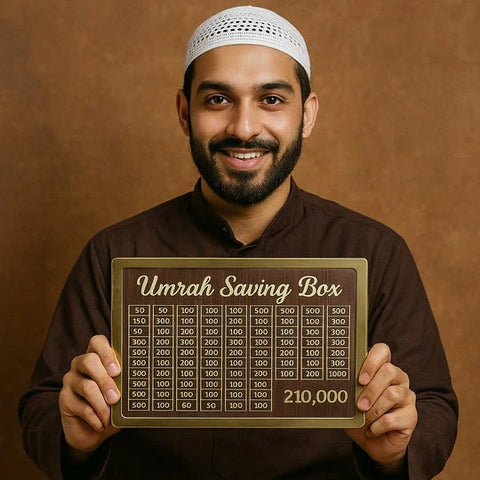 Umrah Saving Box - Wooden Islamic Money Saving Box - 280 Days Hajj & Umrah Savings Box Plan - Daily Halal Pilgrimage Fund Jar - Muslim Gift Idea - Step Closer to Umrah Every Day