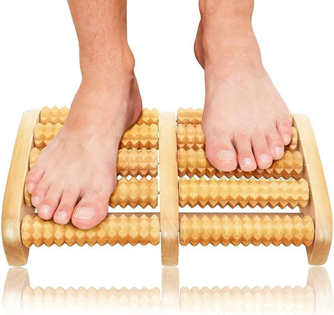 Wooden Foot Massager Roller – Double Foot Reflexology Acupressure Roller for Pain Relief & Relaxation