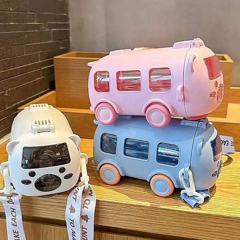 Car Shape Water Bottle Little Locomotive Plastic Sports Water Cup with Straps Cute Baby Bus Children's Straw Water Cup.