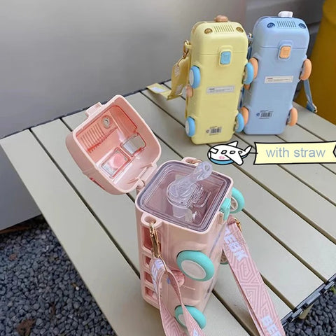 Car Shape Water Bottle Little Locomotive Plastic Sports Water Cup with Straps Cute Baby Bus Children's Straw Water Cup.