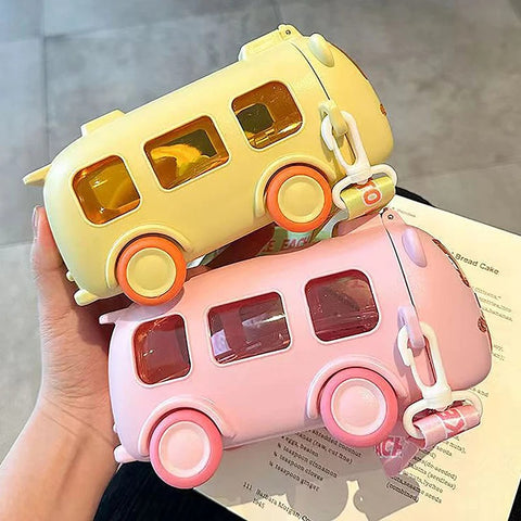 Car Shape Water Bottle Little Locomotive Plastic Sports Water Cup with Straps Cute Baby Bus Children's Straw Water Cup.