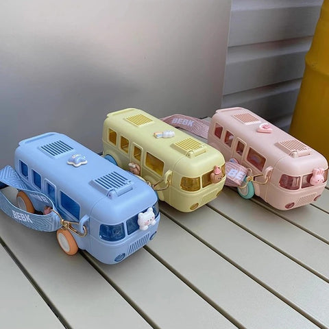 Car Shape Water Bottle Little Locomotive Plastic Sports Water Cup with Straps Cute Baby Bus Children's Straw Water Cup.
