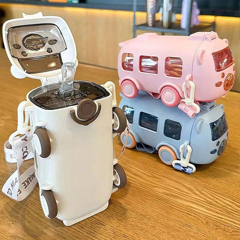 Car Shape Water Bottle Little Locomotive Plastic Sports Water Cup with Straps Cute Baby Bus Children's Straw Water Cup.