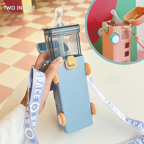 Car Shape Water Bottle Little Locomotive Plastic Sports Water Cup with Straps Cute Baby Bus Children's Straw Water Cup.