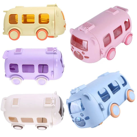 Car Shape Water Bottle Little Locomotive Plastic Sports Water Cup with Straps Cute Baby Bus Children's Straw Water Cup.