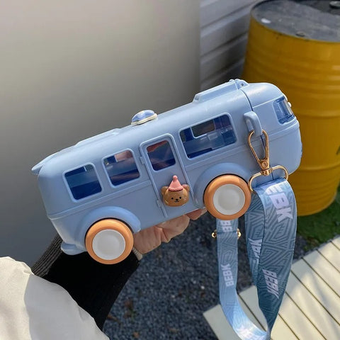 Car Shape Water Bottle Little Locomotive Plastic Sports Water Cup with Straps Cute Baby Bus Children's Straw Water Cup.