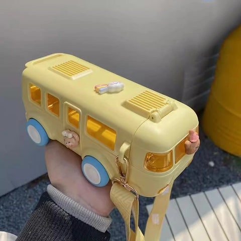 Car Shape Water Bottle Little Locomotive Plastic Sports Water Cup with Straps Cute Baby Bus Children's Straw Water Cup.